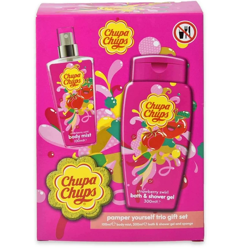 Chupa chups Set Fragola Bagnoschiuma 300 ml Acqua profumata 100 ml Spugna — Set per il Bagno