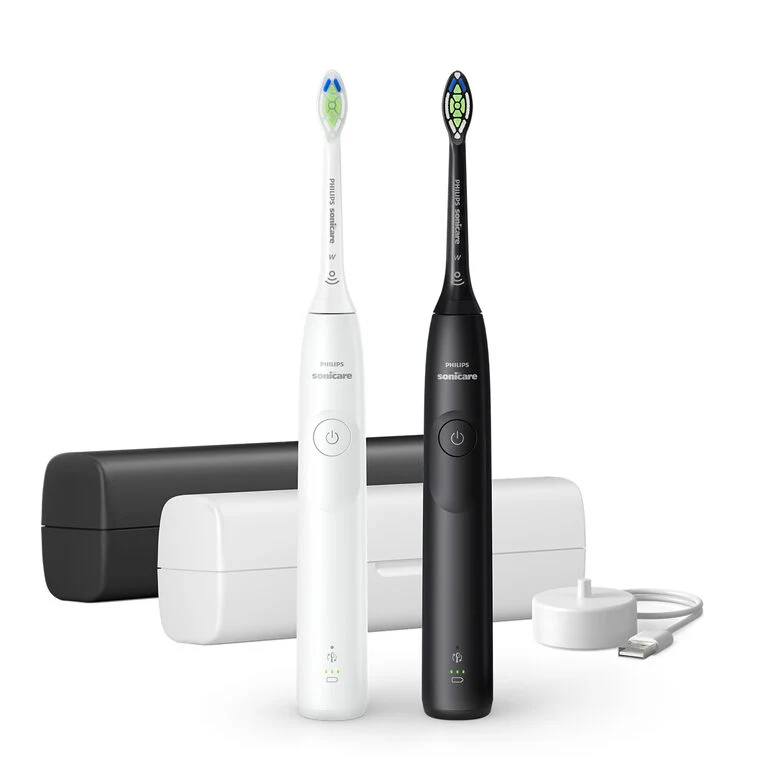 Philips 5300 Series Sonicare spazzolino elettrico sonico con base di ricarica e custodia, 2 livelli di intensità, sensore di pressione confezione da 1 spazzolino bianco e 1 spazzolino nero H
