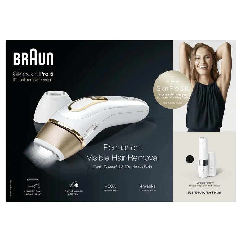 Braun Silk-expert Pro Silk expert Pro 5 PL5159, Epilatore A Luce Pulsata Donna, Per La Rimozione Permanente Dei Peli Visibili A Casa Tua, Bianco/Oro