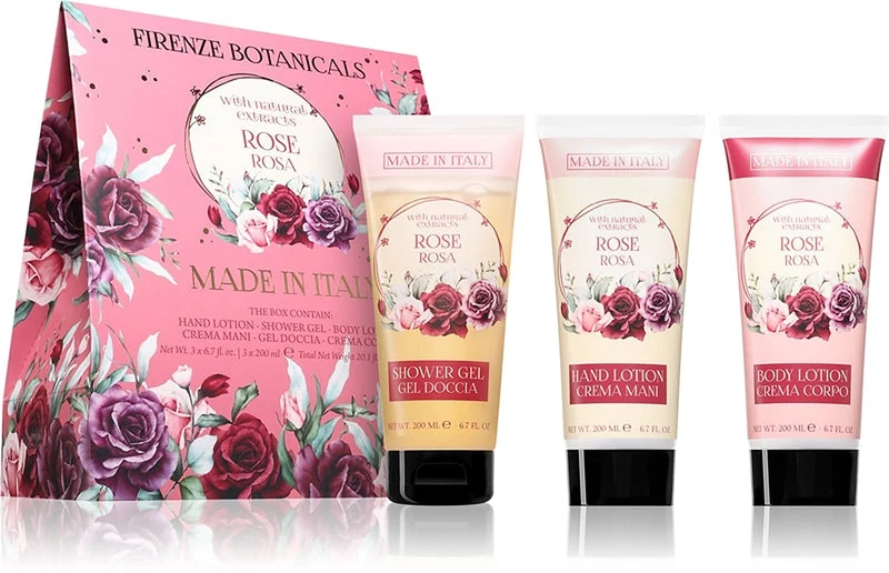 La Florentina Rose Crema mani, Gel doccia e Lozione corpo — Cofanetto regalo