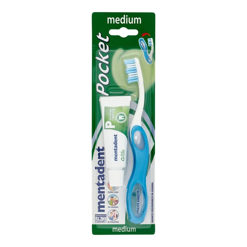 Mentadent Kit Pocket Spazzolino Manuale Setole Medie + Dentifricio Microgranuli — Kit igiene orale da viaggio